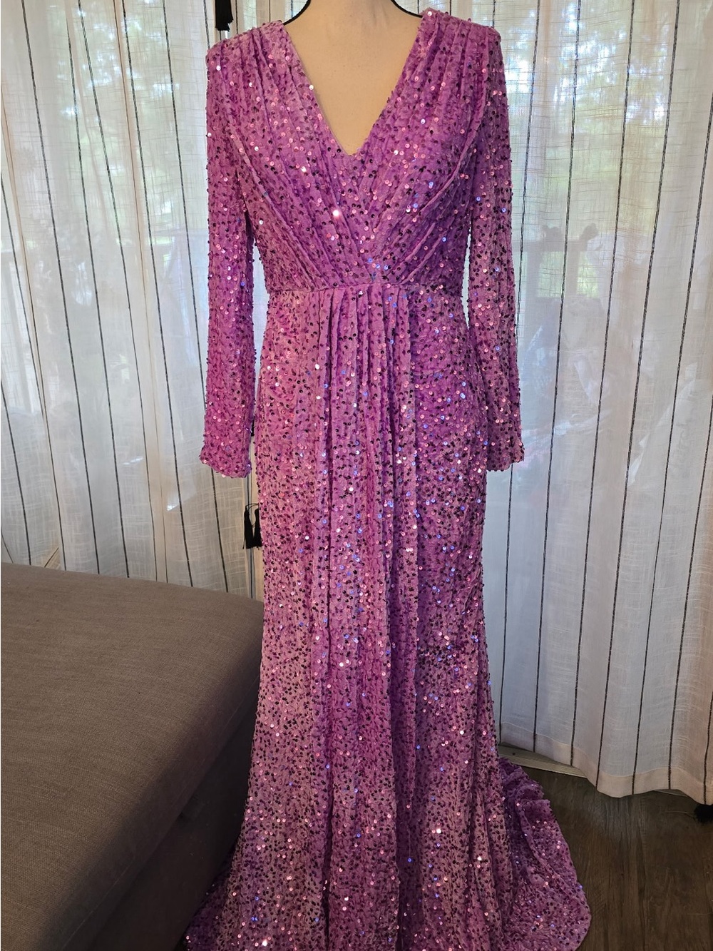 Pink Sequin V-Neck Long Sleeve Maxi Dress
